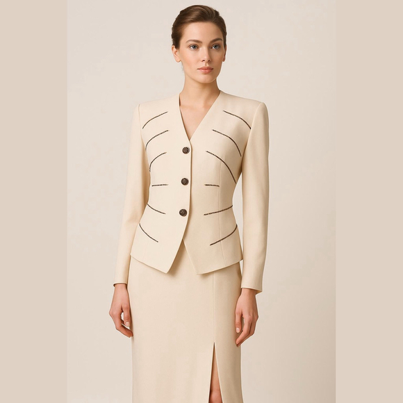 Rimini by Shaw Beige Silk Beaded Jacket & Skirt Set Size 12